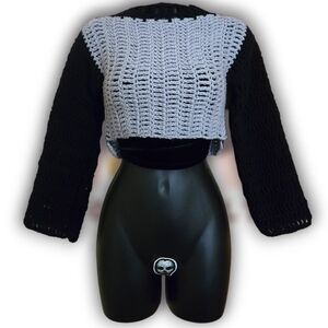 Black/Gray Handmade Crochet Mesh Crop w/Collar, XS-SM, Adult, Y2k, Layering